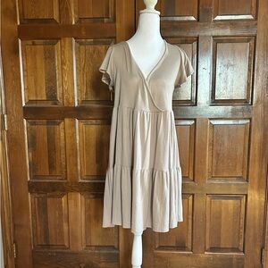 See You Monday Women's Tan Ribbed Flutter Sleeve Tiered Dress Size XL